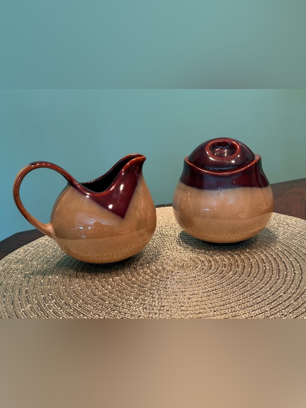 Sango Two-Piece Creamer and Sugar Set in Brown and Deep Red Glaze